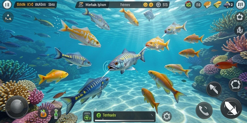 Screenshot gameplay S13 menampilkan aksi seru menangkap ikan.