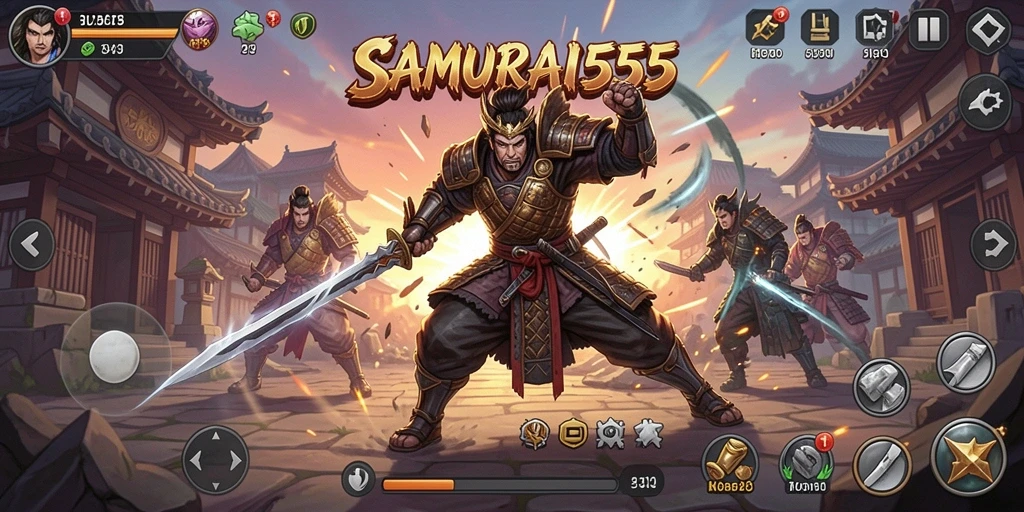 Tampilan gameplay SAMURAI555 dengan karakter samurai yang beraksi.